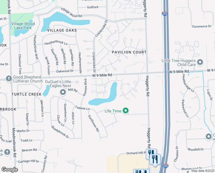 map of restaurants, bars, coffee shops, grocery stores, and more near 22152 Edgewater in Novi