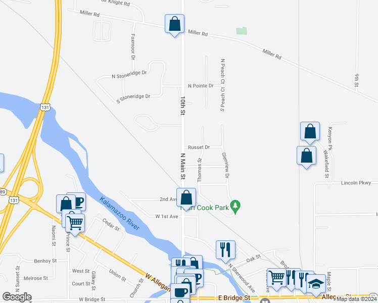 map of restaurants, bars, coffee shops, grocery stores, and more near 761 Thomas Street in Plainwell