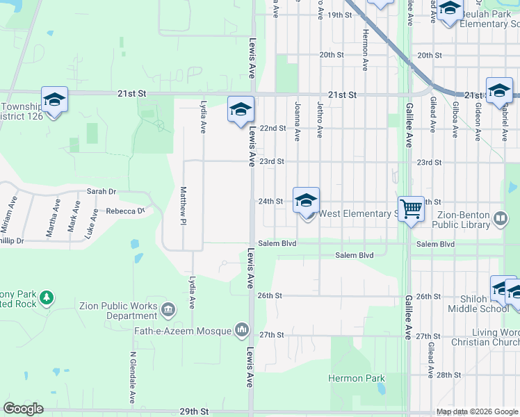 map of restaurants, bars, coffee shops, grocery stores, and more near 2408 Joppa Avenue in Zion