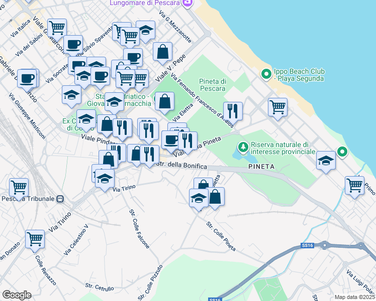 map of restaurants, bars, coffee shops, grocery stores, and more near 31 Viale della Pineta in Pescara