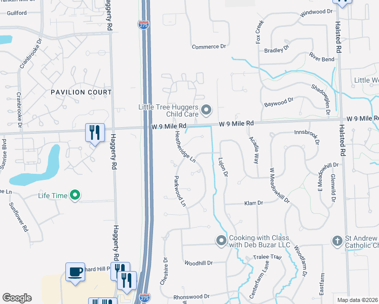 map of restaurants, bars, coffee shops, grocery stores, and more near 38800 Cornwall Court in Northville