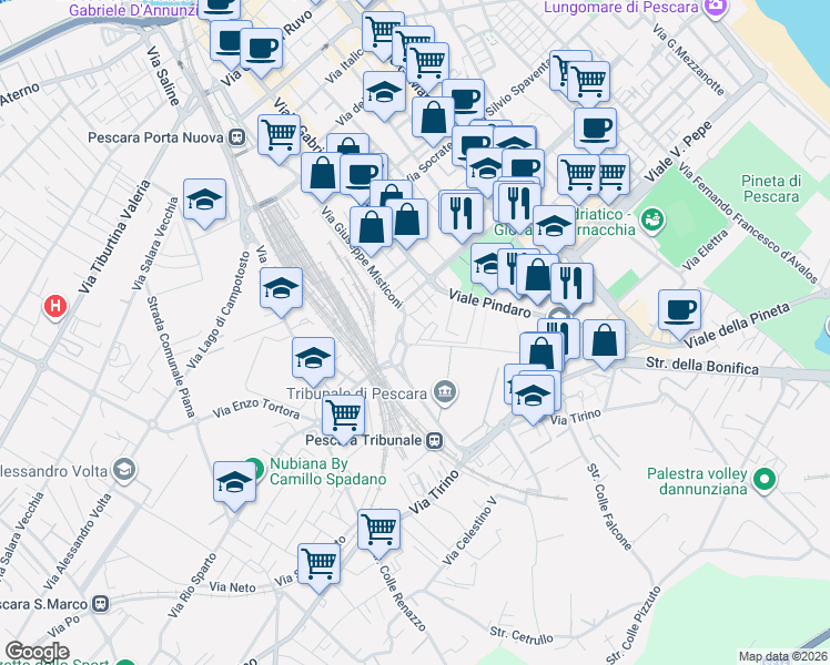 map of restaurants, bars, coffee shops, grocery stores, and more near Via Falcone e Borsellino in Pescara