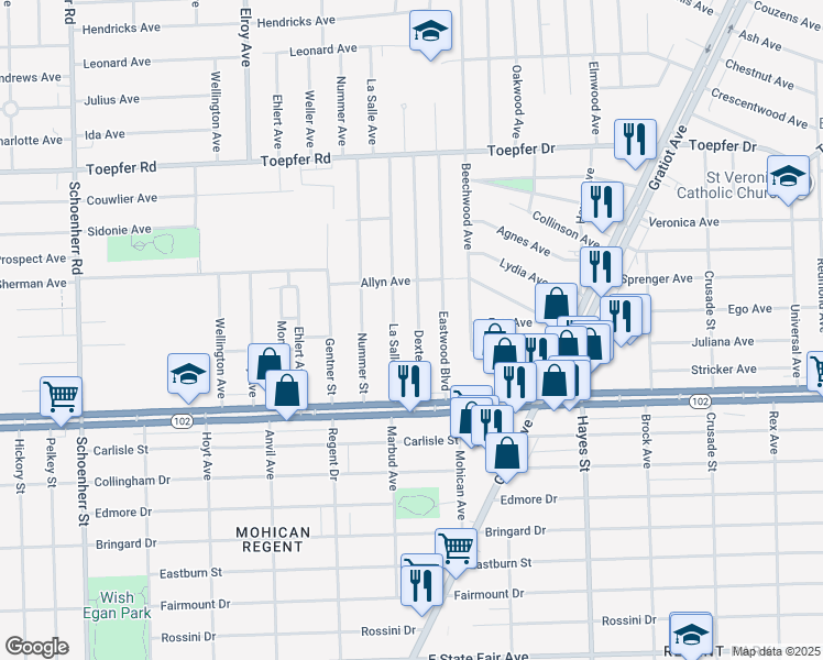 map of restaurants, bars, coffee shops, grocery stores, and more near 20916 Dexter Boulevard in Warren