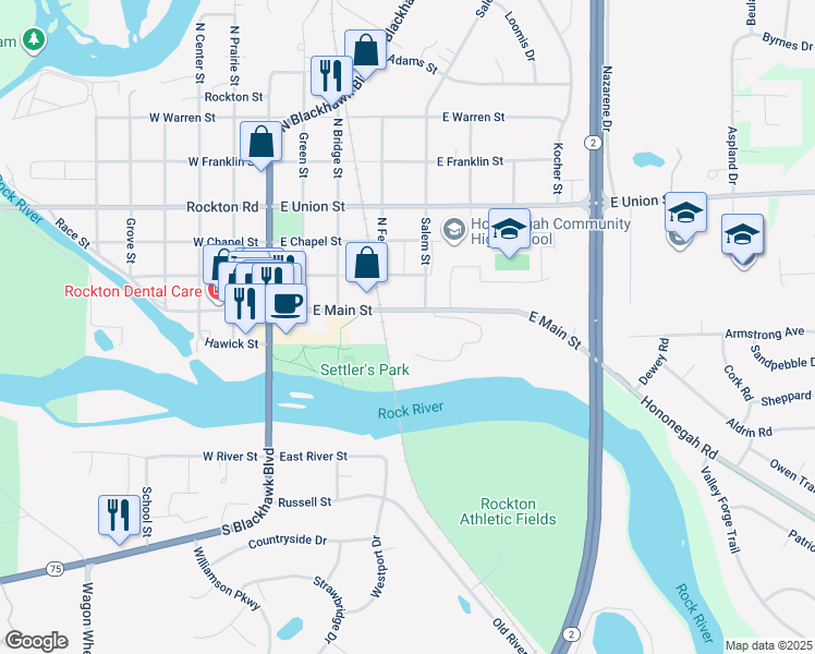 map of restaurants, bars, coffee shops, grocery stores, and more near 330 East Main Street in Rockton