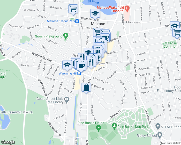 map of restaurants, bars, coffee shops, grocery stores, and more near 333 Main Street in Melrose