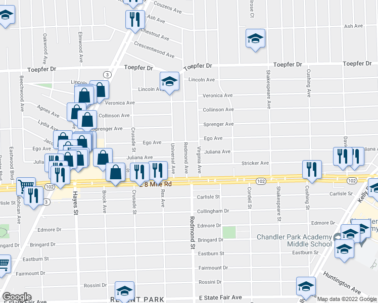 map of restaurants, bars, coffee shops, grocery stores, and more near 20912 Redmond Avenue in Eastpointe