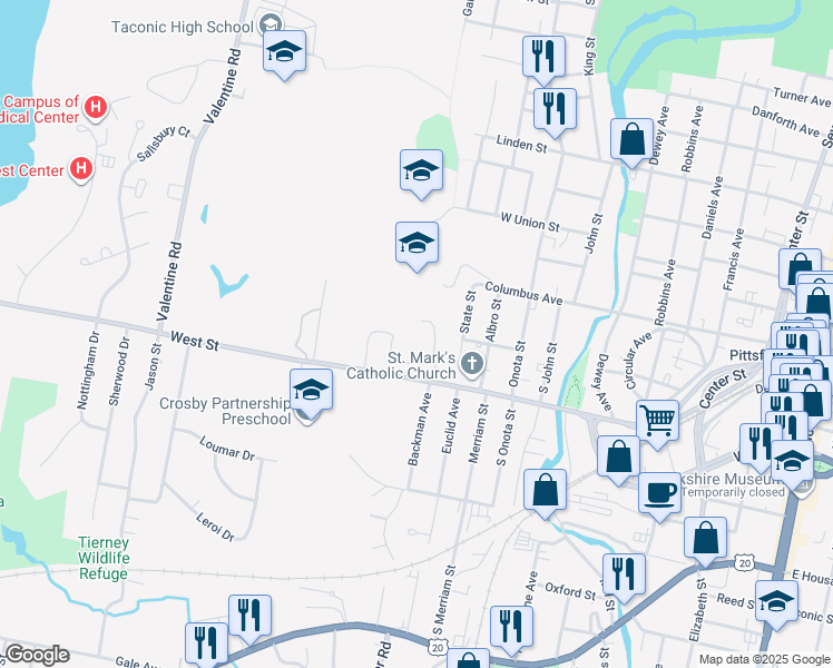 map of restaurants, bars, coffee shops, grocery stores, and more near 472 West Street in Pittsfield