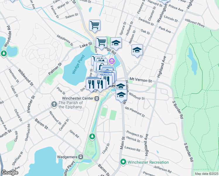 map of restaurants, bars, coffee shops, grocery stores, and more near 500 Main Street in Winchester