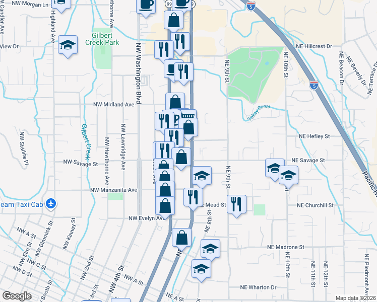 map of restaurants, bars, coffee shops, grocery stores, and more near 122-132 Northeast Savage Street in Grants Pass