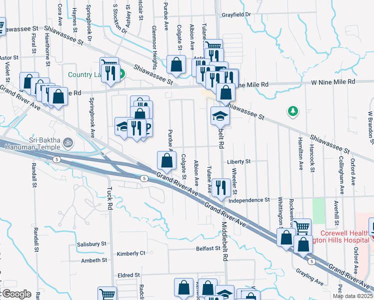 map of restaurants, bars, coffee shops, grocery stores, and more near 21720 Colgate Street in Farmington Hills