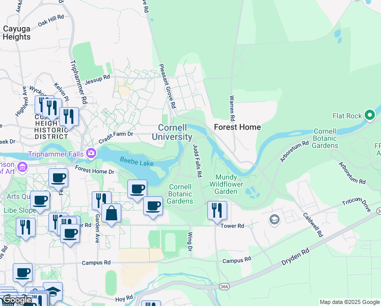 map of restaurants, bars, coffee shops, grocery stores, and more near 118 Judd Falls Road in Ithaca
