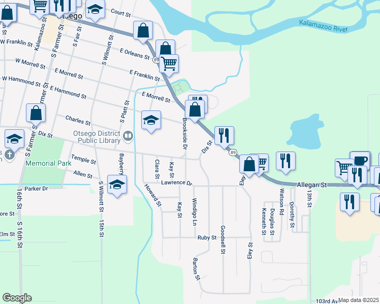 map of restaurants, bars, coffee shops, grocery stores, and more near 673 Brookside Drive in Otsego