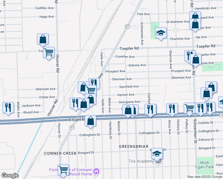 map of restaurants, bars, coffee shops, grocery stores, and more near 20885 Marie Avenue in Warren