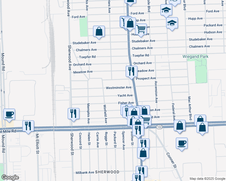 map of restaurants, bars, coffee shops, grocery stores, and more near 7296 Westminster Avenue in Warren