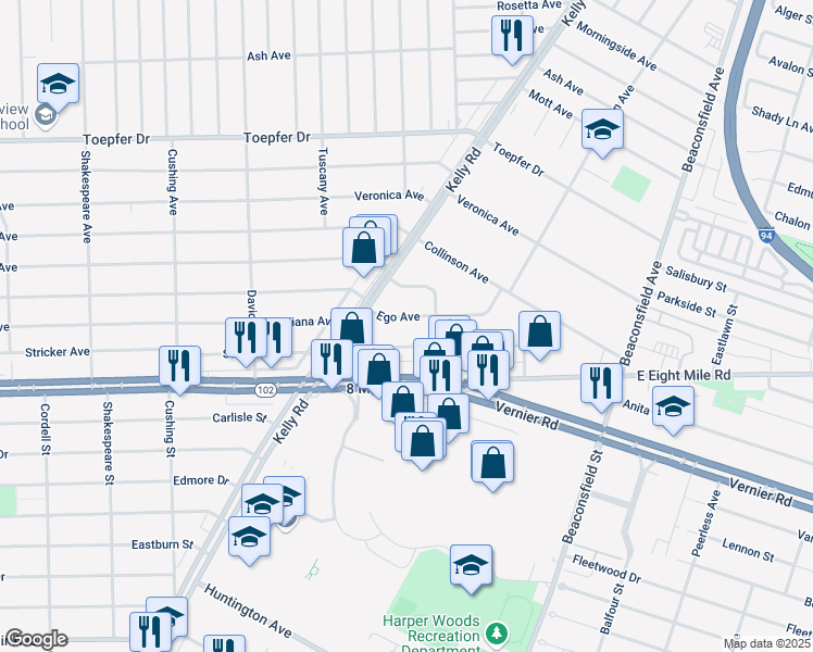 map of restaurants, bars, coffee shops, grocery stores, and more near 17844 Juliana Avenue in Eastpointe