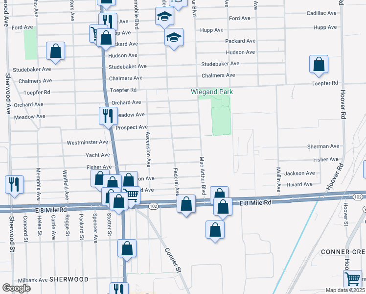 map of restaurants, bars, coffee shops, grocery stores, and more near 8441 Sherman Avenue in Warren