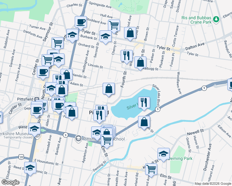 map of restaurants, bars, coffee shops, grocery stores, and more near 163 4th Street in Pittsfield