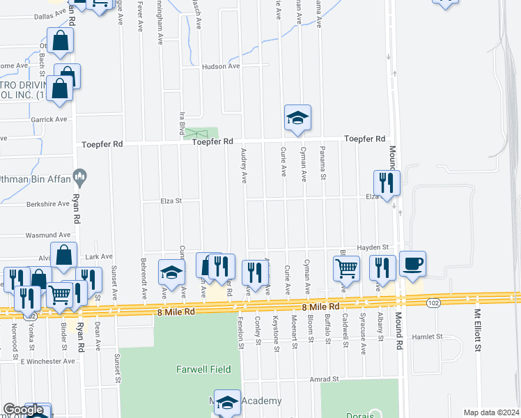 map of restaurants, bars, coffee shops, grocery stores, and more near 21245 Atlantic Avenue in Warren