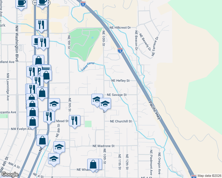 map of restaurants, bars, coffee shops, grocery stores, and more near 1008 Northeast Savage Street in Grants Pass