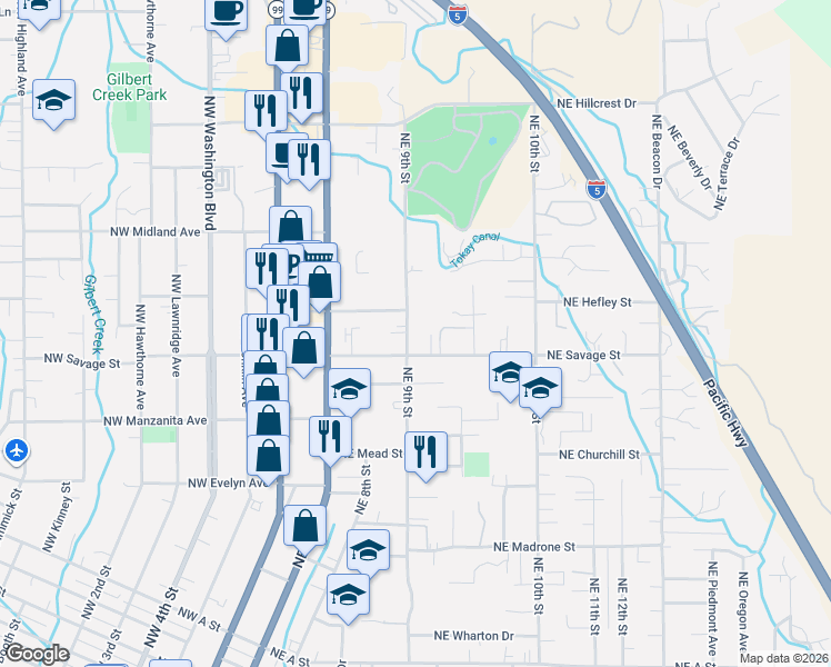 map of restaurants, bars, coffee shops, grocery stores, and more near 256 Northeast Savage Street in Grants Pass