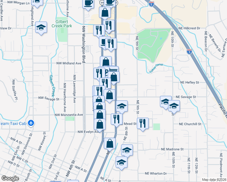 map of restaurants, bars, coffee shops, grocery stores, and more near 122-132 Northeast Savage Street in Grants Pass