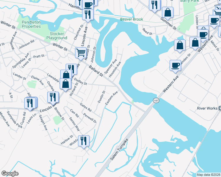 map of restaurants, bars, coffee shops, grocery stores, and more near 2 Yvonne Drive in Saugus