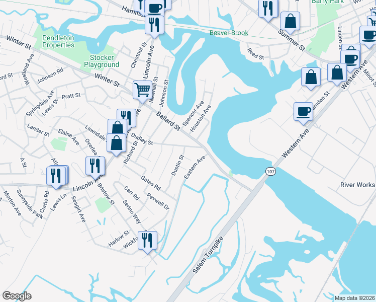 map of restaurants, bars, coffee shops, grocery stores, and more near 2 Yvonne Drive in Saugus