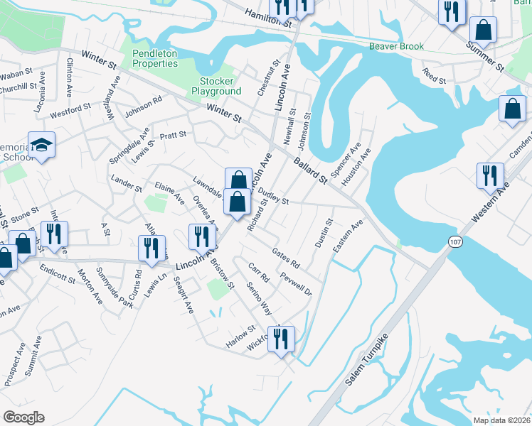 map of restaurants, bars, coffee shops, grocery stores, and more near 22 Guild Road in Saugus