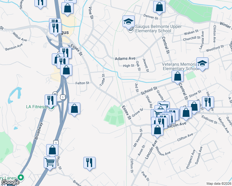 map of restaurants, bars, coffee shops, grocery stores, and more near 135 Essex Street in Saugus
