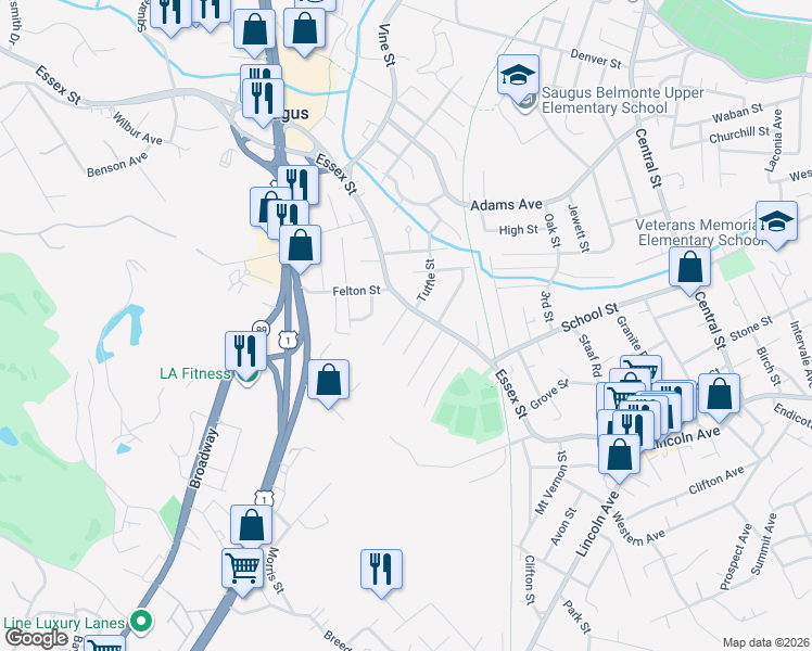 map of restaurants, bars, coffee shops, grocery stores, and more near 15 Hayden Road in Saugus