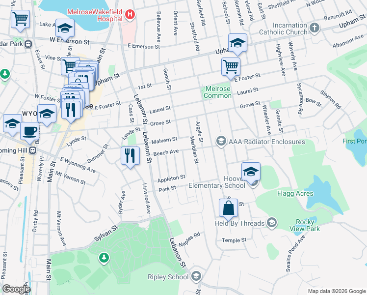 map of restaurants, bars, coffee shops, grocery stores, and more near 52 Elliott Street in Melrose