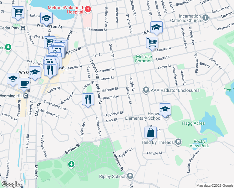 map of restaurants, bars, coffee shops, grocery stores, and more near 52 Elliott Street in Melrose