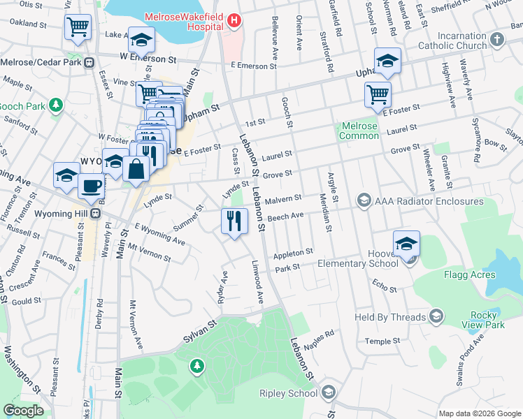 map of restaurants, bars, coffee shops, grocery stores, and more near 350 Lebanon Street in Melrose