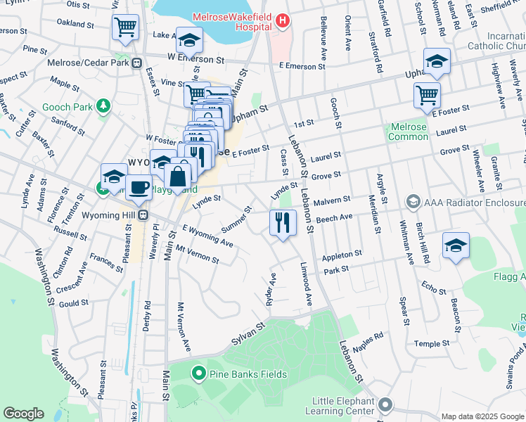 map of restaurants, bars, coffee shops, grocery stores, and more near 21-23 Rendall Place in Melrose