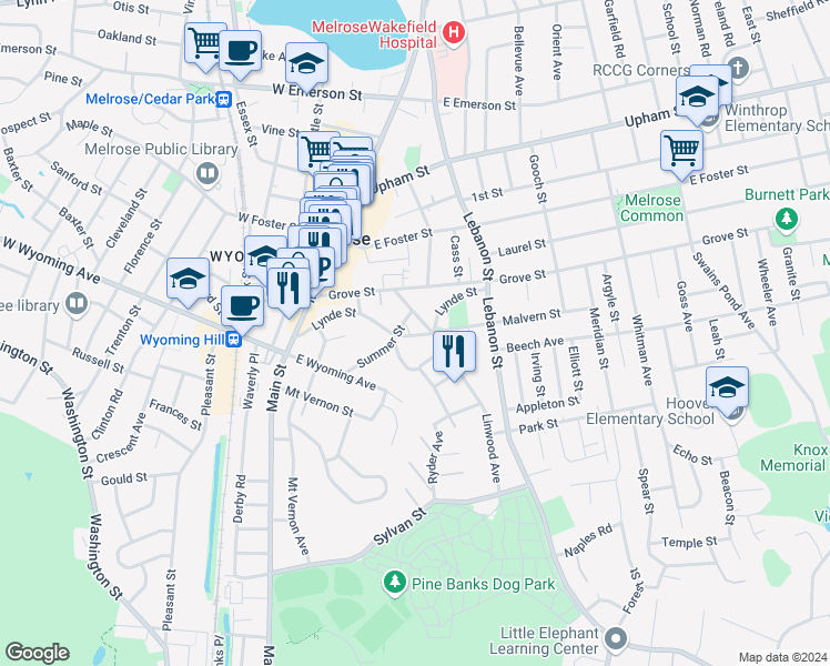 map of restaurants, bars, coffee shops, grocery stores, and more near 21-23 Rendall Place in Melrose