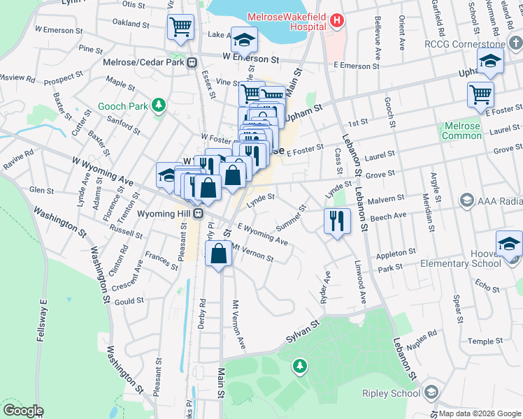 map of restaurants, bars, coffee shops, grocery stores, and more near 11 Chestnut Park in Melrose
