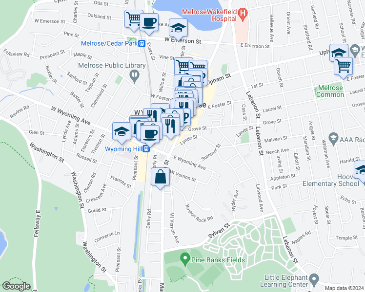 map of restaurants, bars, coffee shops, grocery stores, and more near 333 Main Street in Melrose