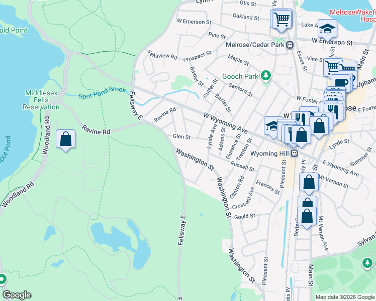 map of restaurants, bars, coffee shops, grocery stores, and more near 30 Pebble Road in Melrose