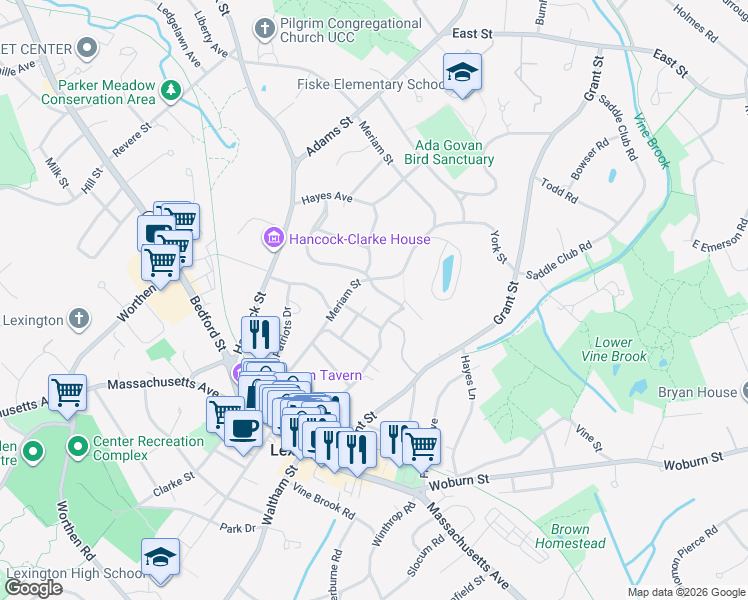 map of restaurants, bars, coffee shops, grocery stores, and more near 8 Glen Road in Lexington