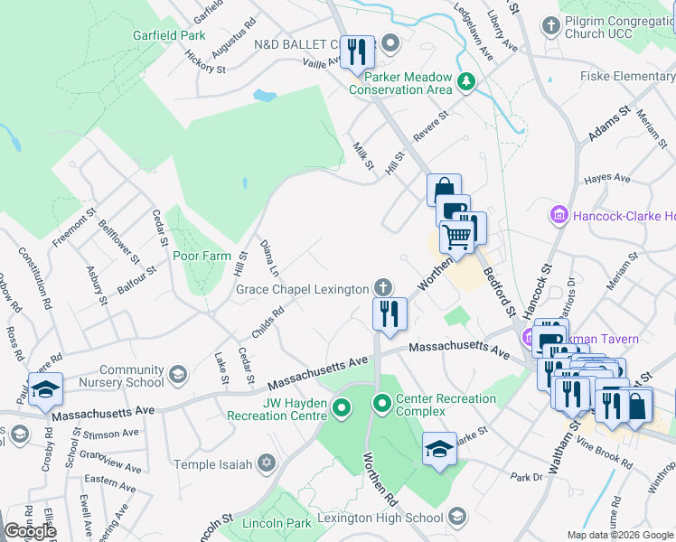 map of restaurants, bars, coffee shops, grocery stores, and more near 20 Childs Road in Lexington