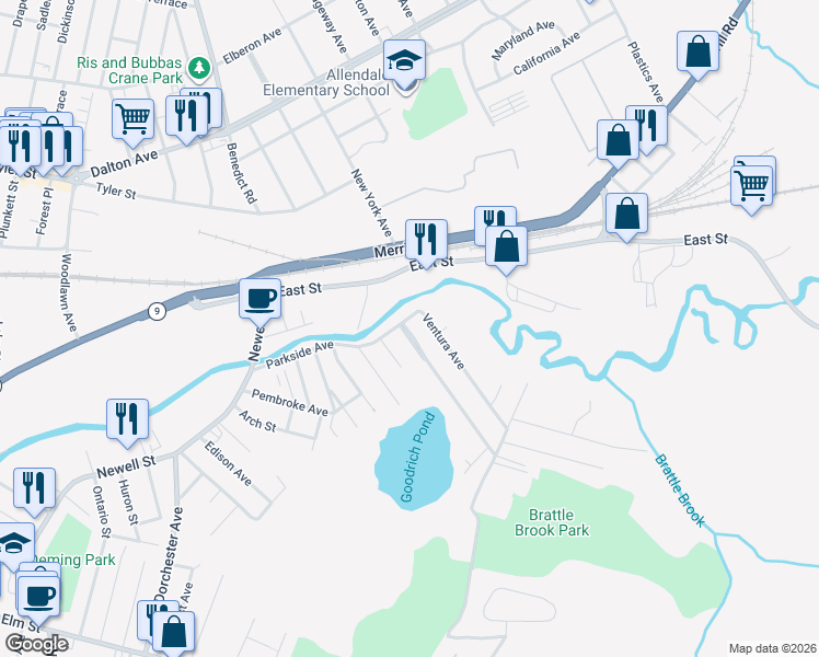 map of restaurants, bars, coffee shops, grocery stores, and more near 22 Longview Terrace in Pittsfield