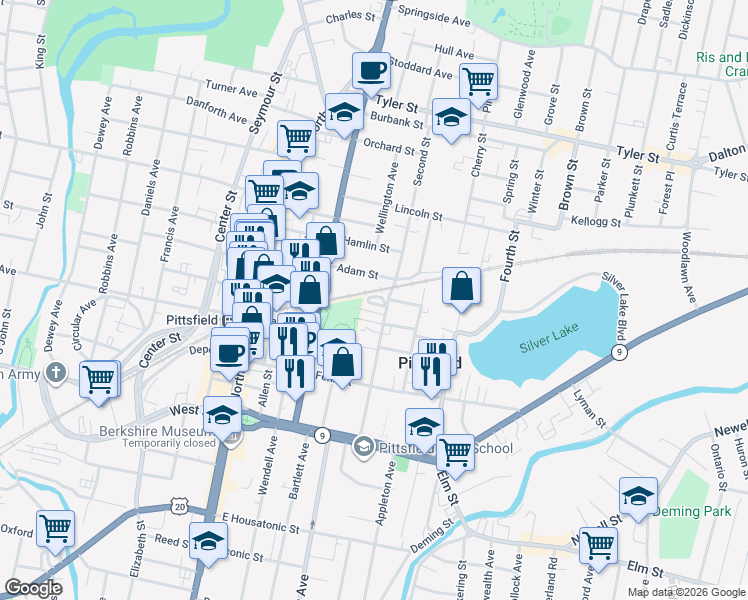 map of restaurants, bars, coffee shops, grocery stores, and more near 12 Wallace Place in Pittsfield