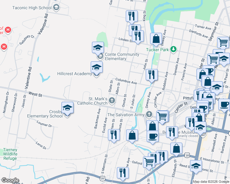 map of restaurants, bars, coffee shops, grocery stores, and more near 30 Albro Street in Pittsfield
