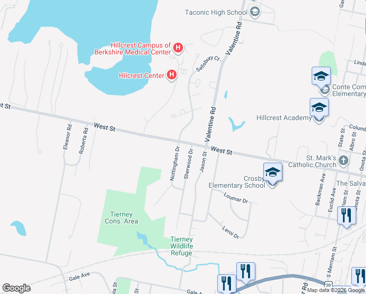 map of restaurants, bars, coffee shops, grocery stores, and more near 66 Nottingham Drive in Pittsfield