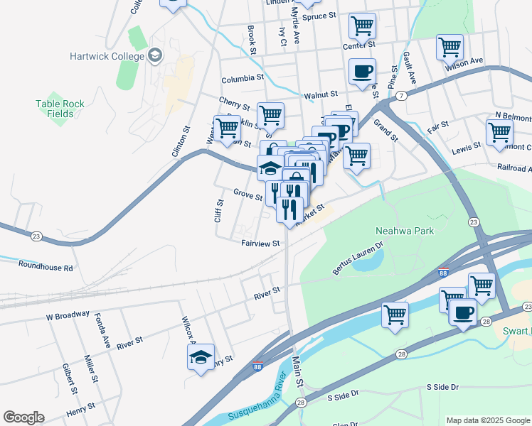 map of restaurants, bars, coffee shops, grocery stores, and more near 95 Main Street in Oneonta