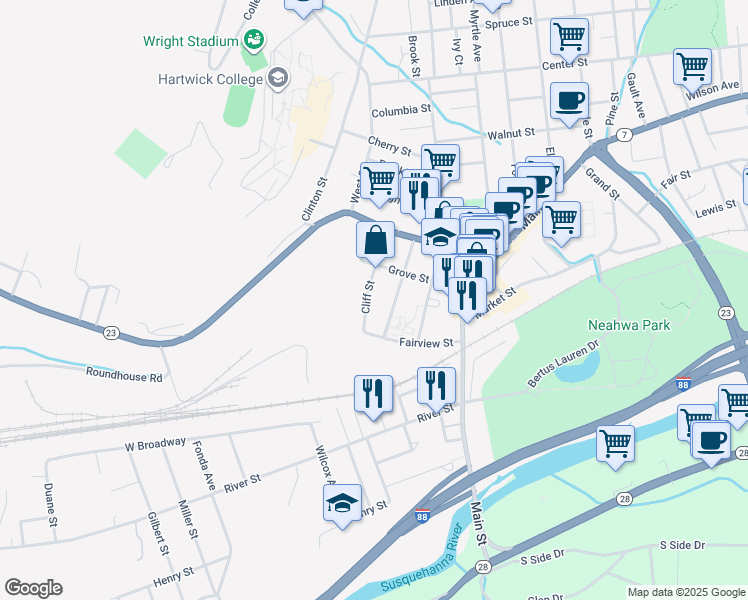 map of restaurants, bars, coffee shops, grocery stores, and more near 7 Watkins Avenue in Oneonta