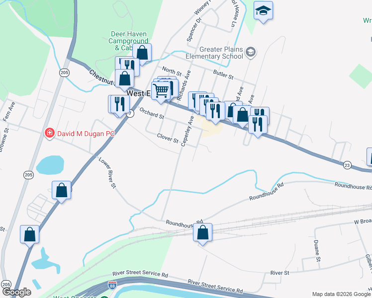 map of restaurants, bars, coffee shops, grocery stores, and more near 35 Ceperley Avenue in Oneonta