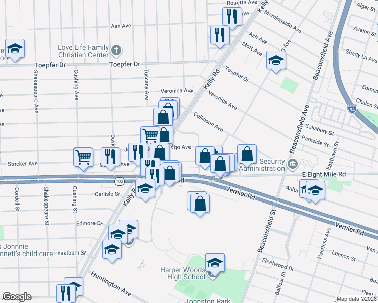 map of restaurants, bars, coffee shops, grocery stores, and more near 17844 Juliana Avenue in Eastpointe
