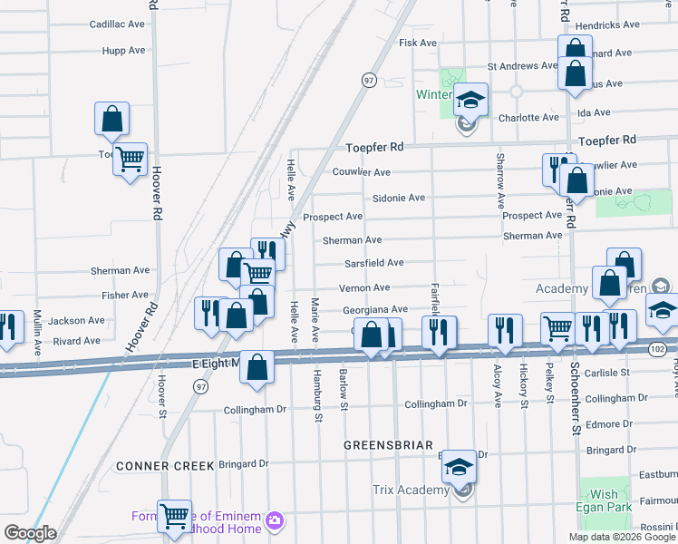 map of restaurants, bars, coffee shops, grocery stores, and more near 12468 Vernon Avenue in Warren
