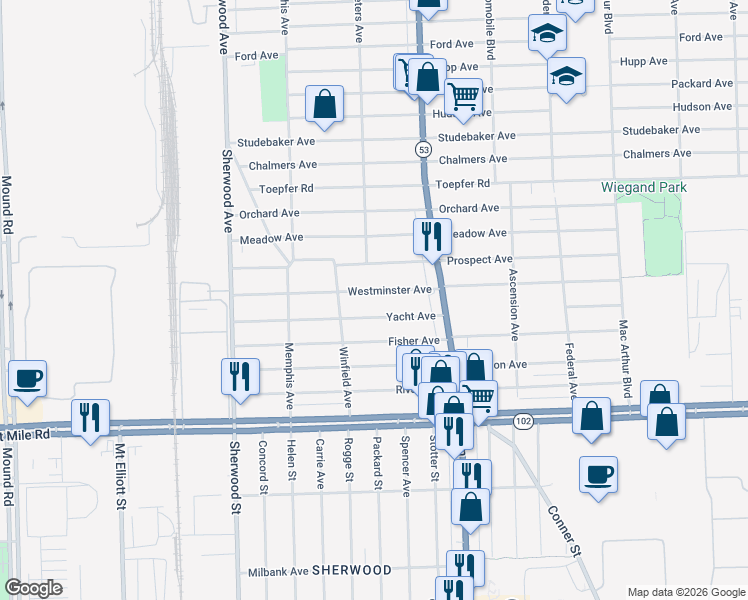 map of restaurants, bars, coffee shops, grocery stores, and more near 7534 Yacht Avenue in Warren
